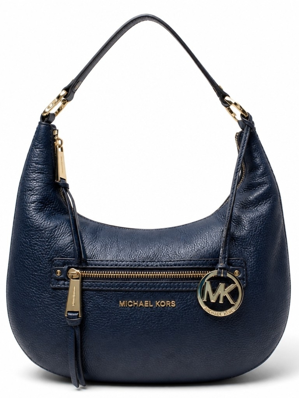 Michael Kors Rhea Blue Pebbled Leather Zipper Pocket Hobo Shoulder Bag